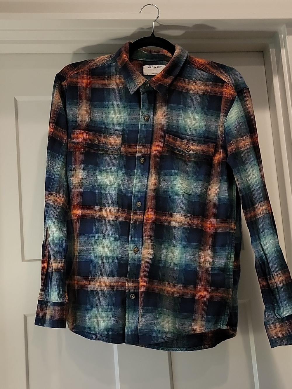 Old Navy Youth Navy, Orange & Teal Plaid Button-Down Shirt